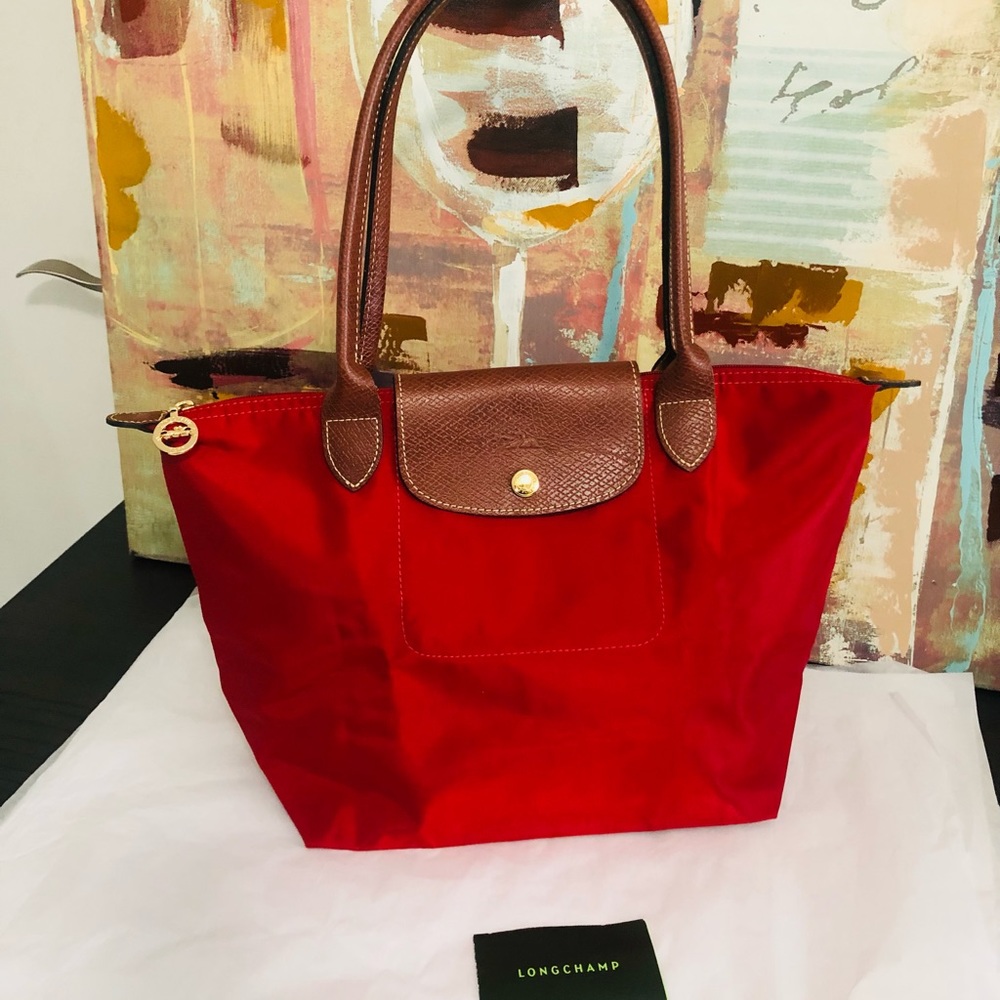 LONGCHAMP Le Pliage Medium Shoulder Tote Bag, Deep Red Nylon Leather France🌺
